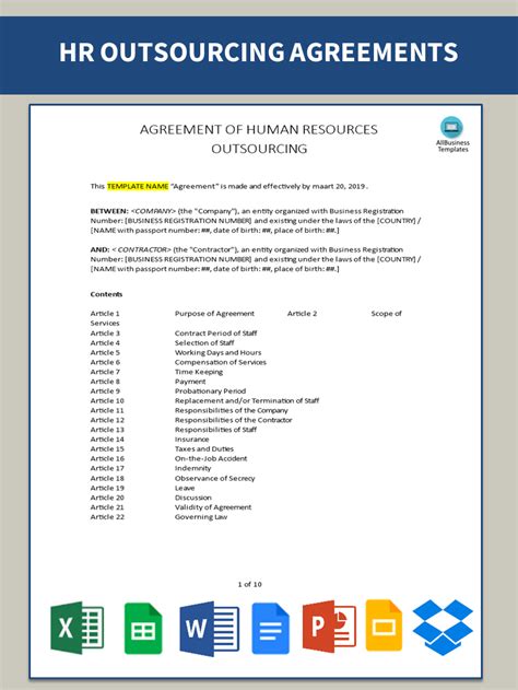 高级 Human Resource Outsourcing Agreement Template 样本文件在 allbusinesstemplates com