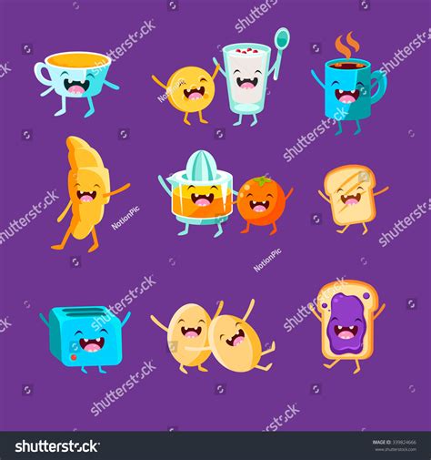 Fun Breakfast Food With Cute Faces Happy Vector Illustration Set