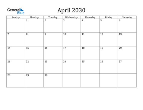 April 2030 Calendar Pdf Word Excel