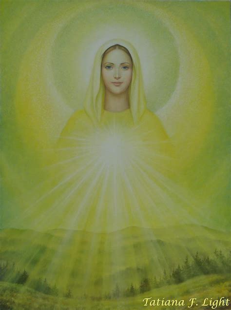 An Image Of The Virgin Mary With Rays Coming From Her Head And Hands