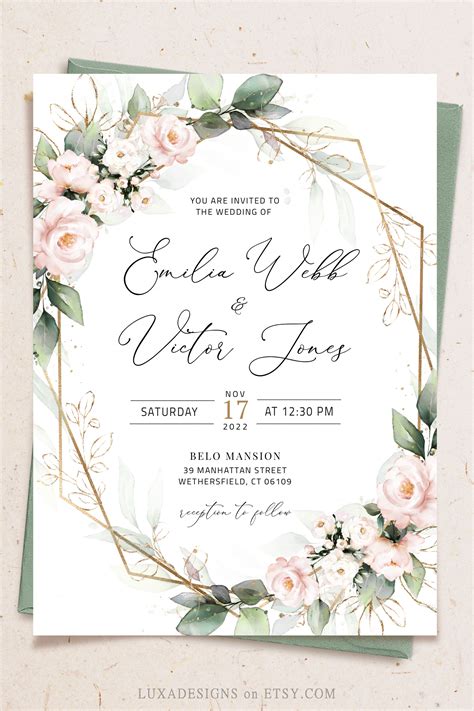Blush Floral Wedding Invitation Template Blush Wedding Invite Etsy