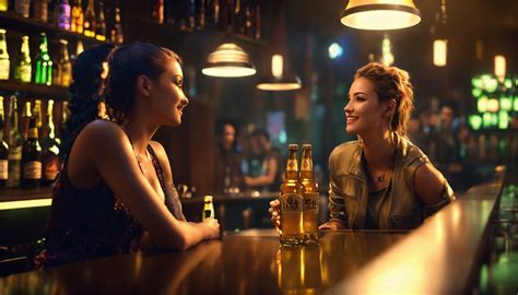 lexica two fallen in love lesbian girls sit at the bar counter clink beer bottles in lgbt bar