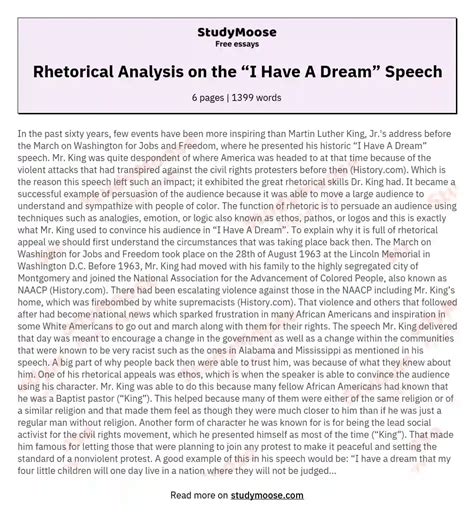 Rhetorical Analysis On The I Have A Dream Speech Free Essay Example