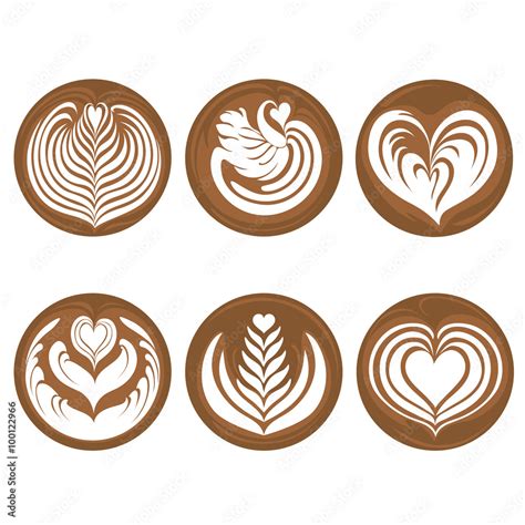 Coffee Latte Art Logo Icon Rosetta Swan Heart Tulip Tree Set Stock
