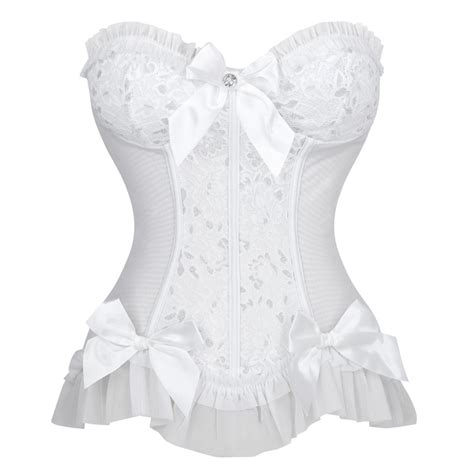 Sexy Strapless Plastic Bone White Jacquard Bride Bowknot And Ruffle Overbust Corset N18653