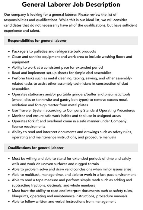 General Laborer Job Description Velvet Jobs