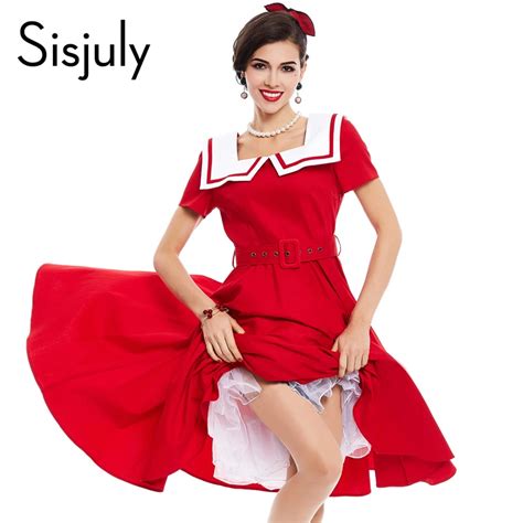 buy sisjuly vintage dress 1950s style summer red pin up short sleeve naval
