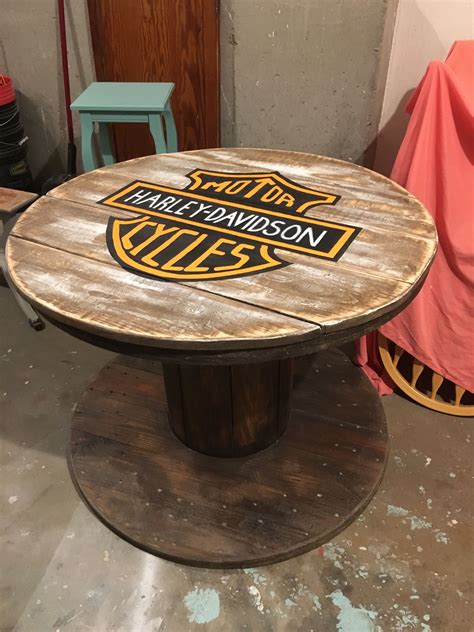 Full view of Harley Davidson Spool Table. | Wood spool, Spool tables, Spool