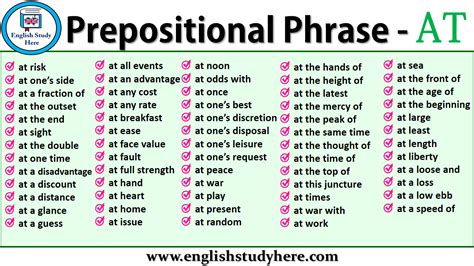 Promoted by doing english with dr. Prepositional Phrases List - AT - English Study Here