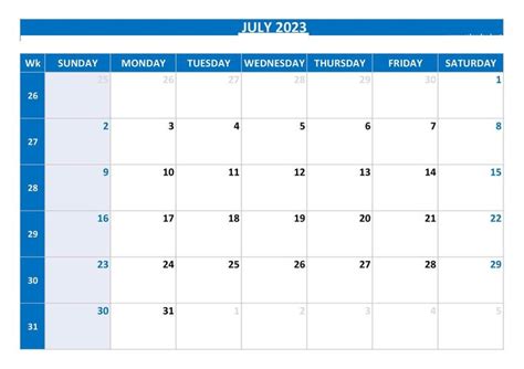 July Calendar With The Holidays In Blue And White