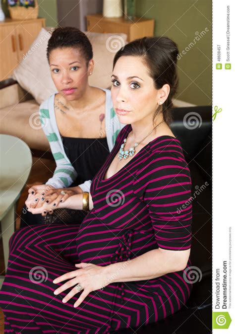 Nervous Lesbian Pregnant Couple Stock Image Image Of Lesbian