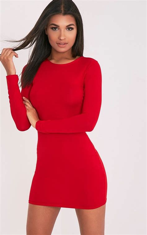 Amerie Red Jersey Long Sleeve Bodycon Dress Tight Long Sleeve Dress Red Dress Short Red