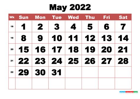 Printable Calendar 2022 May 2022 Calendars For Word Excel And Pdf