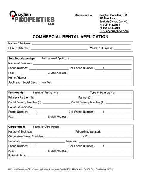 Commercial Rental Application Templates At