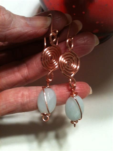 Pale Blue Amazonite Gemstone Copper Wire Wrapped Forged Spiral Earrings