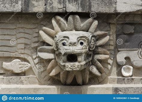 Feathered Serpent Stone Head In The Temple Of Quetzalcoatl In