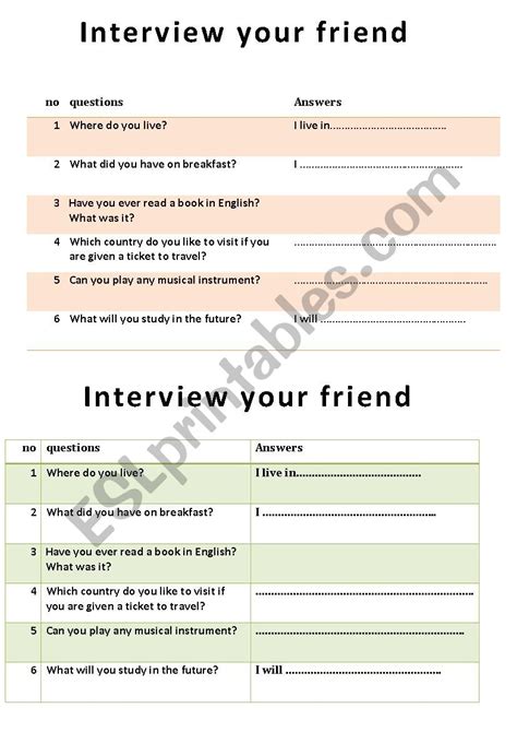 Interview Your Friend Esl Worksheet By Felicity14
