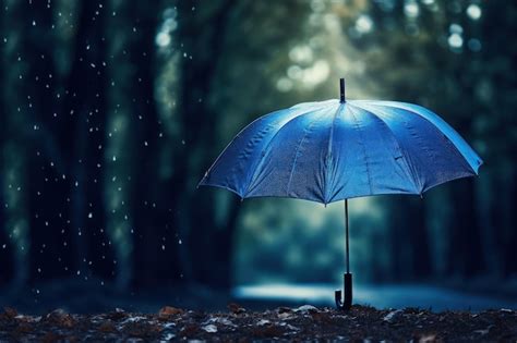 Premium Ai Image Blue Umbrella In Heavy Rain Against Nature Backdrop