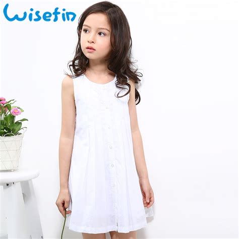 Wisefin Girls Summer Dresses White Solid Casual Sleeveless Buttons