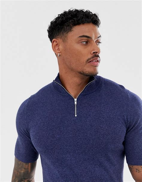 Asos Cotton Knitted Half Zip T Shirt In Navy Blue For Men Lyst