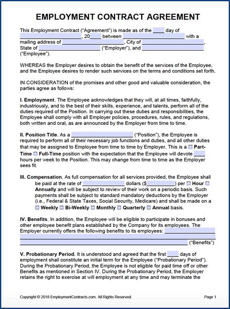 √ Free Printable Employment Contract Template