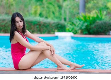 Portrait Asian Sexy Woman Swimming Poolthailand
