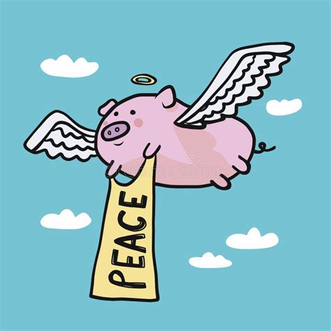 Angel Pig With Peace Flag Flying On Sky Cartoon Illustration Stock