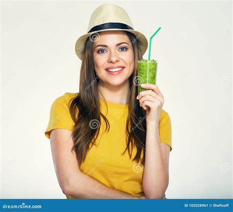Portrait Of Young Smiling Woman Holding Smoothie Glass Stock Image Image Of Girl Detox