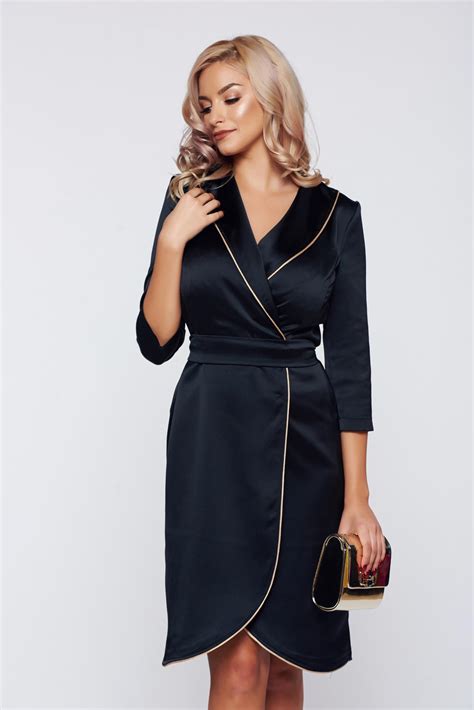 Starshiners Black Office Elegant Wrap Around Dress With Satin Fabric