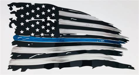 Tattered Flag Thin Blue Line Police Veteran Metal Wall Art Etsy
