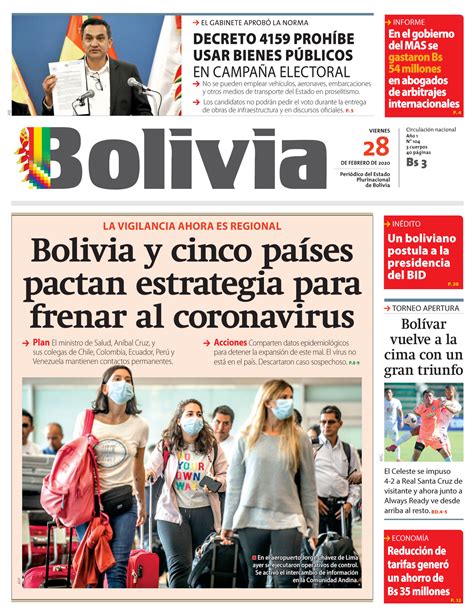 Portadas De Periódicos De Bolivia Del Viernes 28 De Febrero De 2020