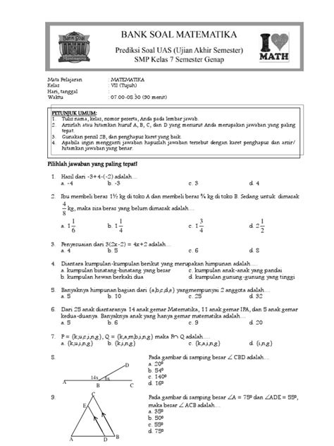 Soal Uas Matematika Smp Kelas 7 Semester 2