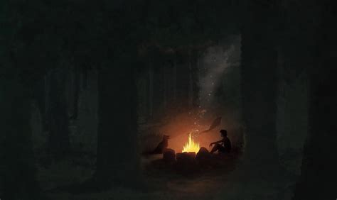 Fantasy Art Dark Forest Artwork Trees Campfire 1920x1144