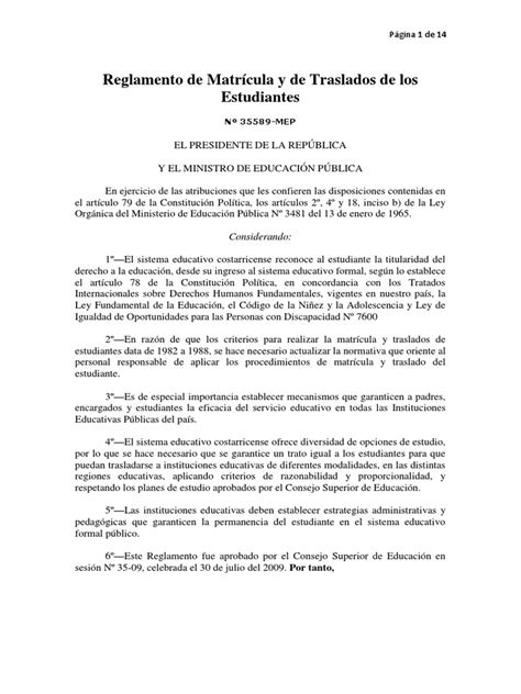Reglamento De Matrícula Y De Traslados De Los Estudiantes 2009 Pdf