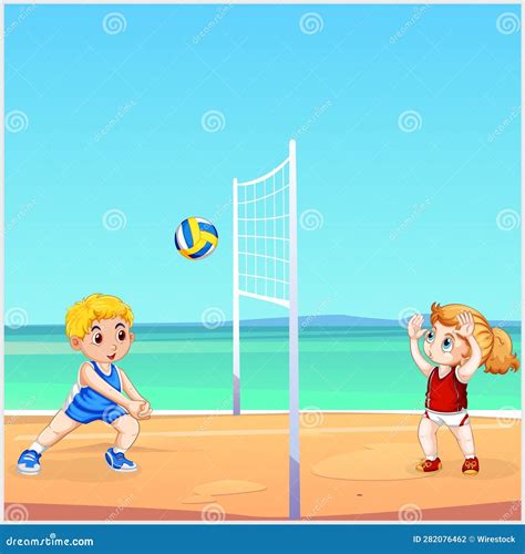 Two Kids Playing Volleyball In The Beach Vector Art Illustration