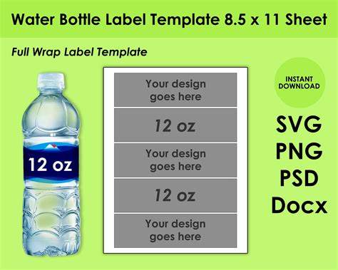 Water Bottle Label Template 85x11 Sheet Svg Png Psd And Etsy Uk