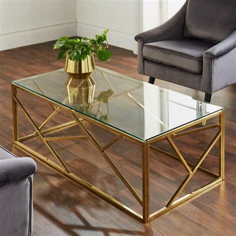 Modern Geo Gold Stainless Steel Metal Clear Glass Top Coffee Table