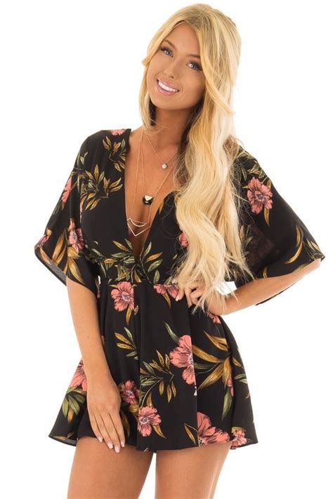 Black Floral Short Sleeve Romper With Plunging Neckline Front Closeup