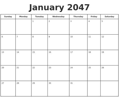 January 2047 Print A Calendar