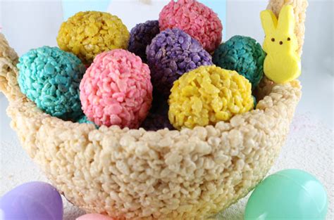 For these easy dyed easter eggs you only need two ingredients, shaving cream or cool whip and food coloring! Rice Krispie Treat Easter Basket Centerpiece - Two Sisters
