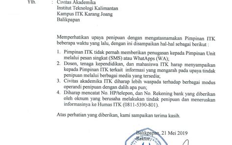 Surat Edaran Peringatan Penipuan Institut Teknologi Kalimantan