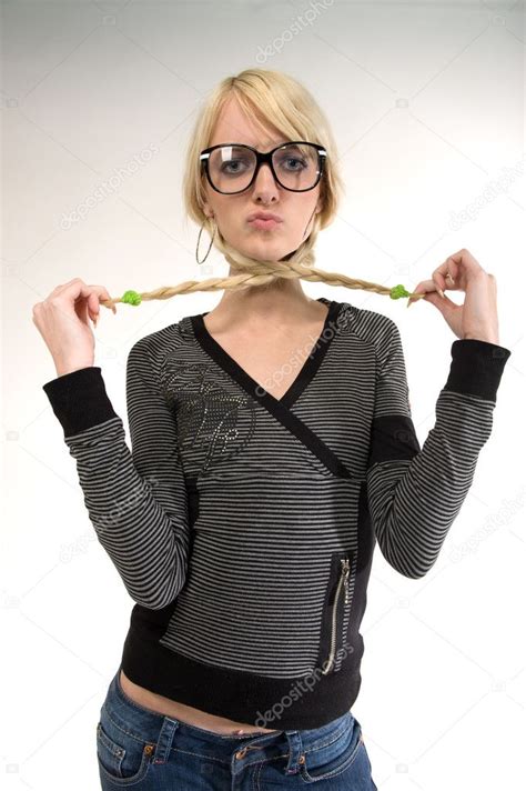 Pretty Young Woman With Glasses Looks Like As Nerdy Girl