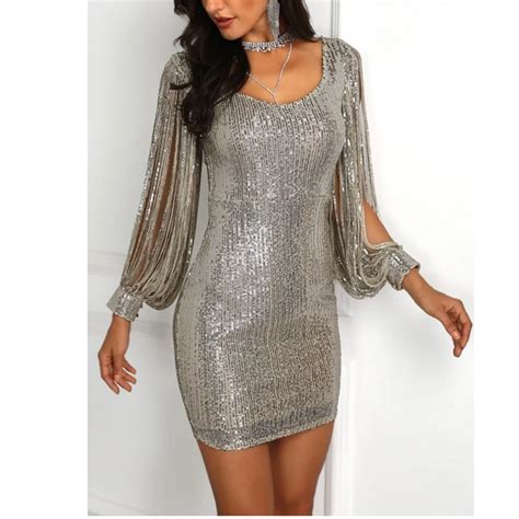 Womens Sparkle Glitzy Glam Sequin Tassel Long Sleeve Flapper Party