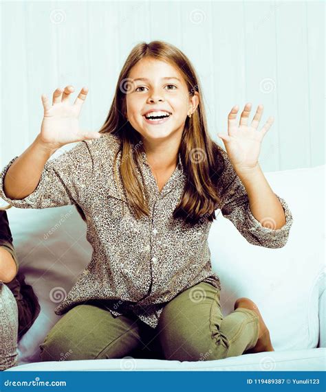 Little Cute Brunette Girl At Home Interior Happy Smiling Close U Stock