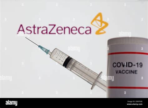 Astra Zeneca Logo And Covid 19 Vaccine In A Bottle And A Syringe On