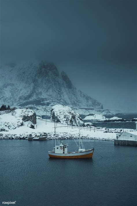 Fishing Boat At Norwegian Sea At Lofoten Island Norway Premium Image