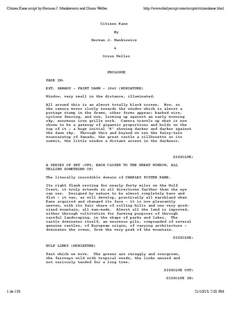 Citizen Kane Script By Herman J Mankiewicz And Orson Welles Pdf Pdf