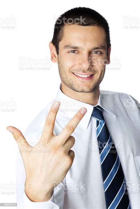 Happy Businessman Showing Three Fingers Isolated On White Stock Photo