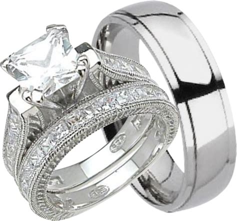 His And Hers Wedding Ring Set Matching Trio Wedding Bands For Him Her