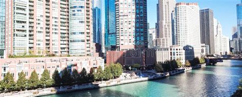 Panoramic Top View Skyline And Office Buildings Along Chicago River